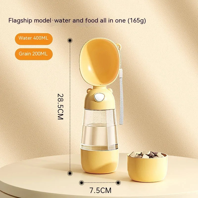 Portable dog water bottle with integrated food container in brown, pink, or yellow colours