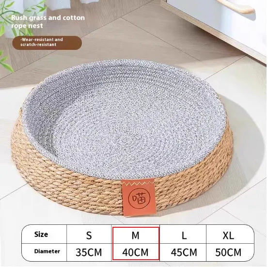 Rattan woven cat bed or nest for pets, shown in available sizes S, M, L, XL