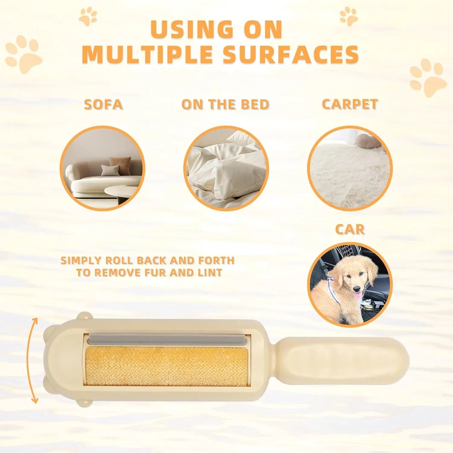 Blue reusable pet hair remover roller with self-cleaning base on a fabric sofa.