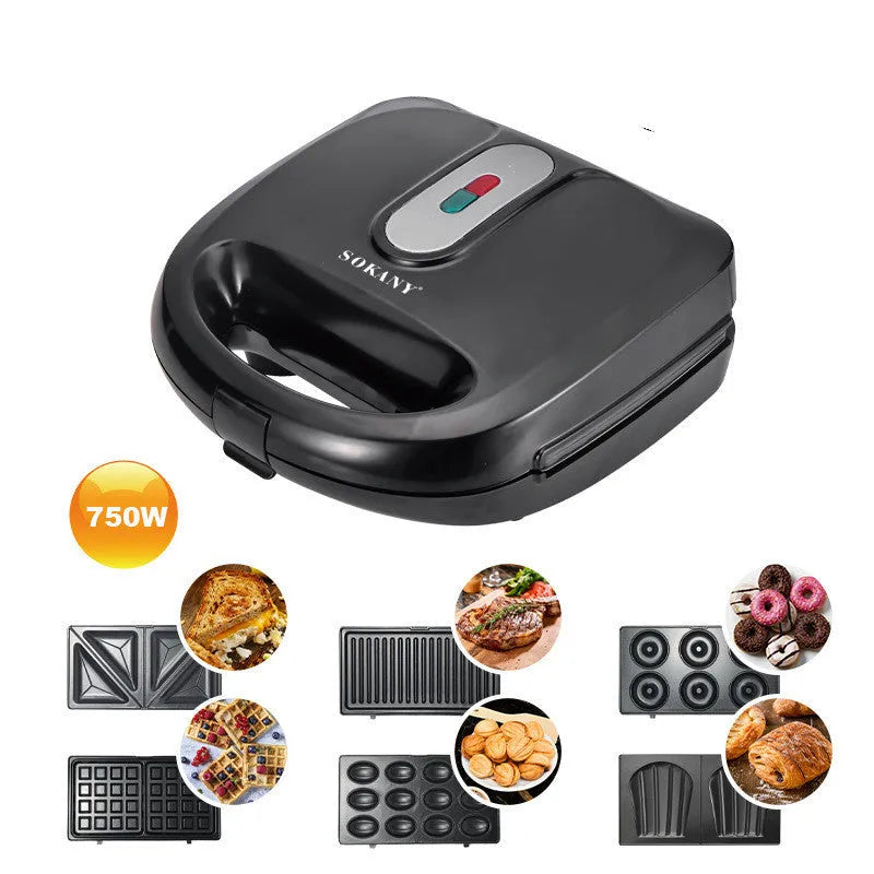 Black electric sandwich pan with double-sided heating, exchangeable plates, and brushed stainless steel cover