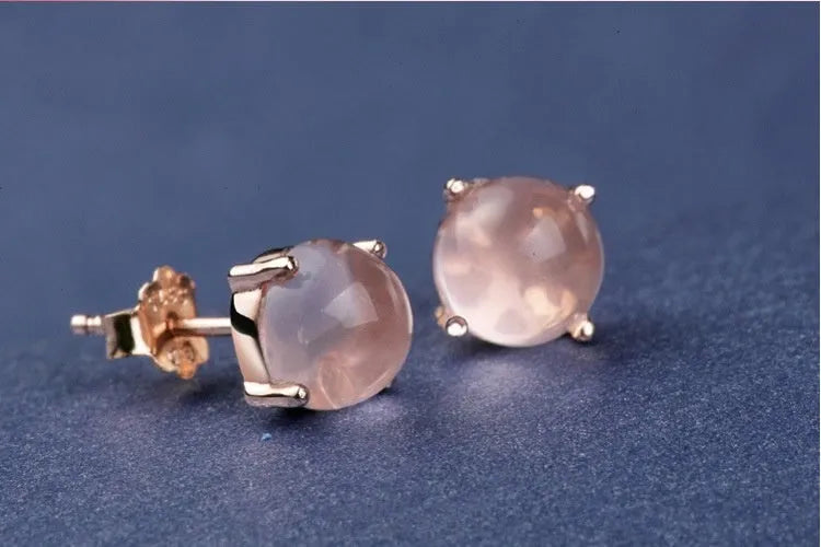 Rose gold drop shape stud earrings with synthetic ross quartz crystal inlay, Korean style.