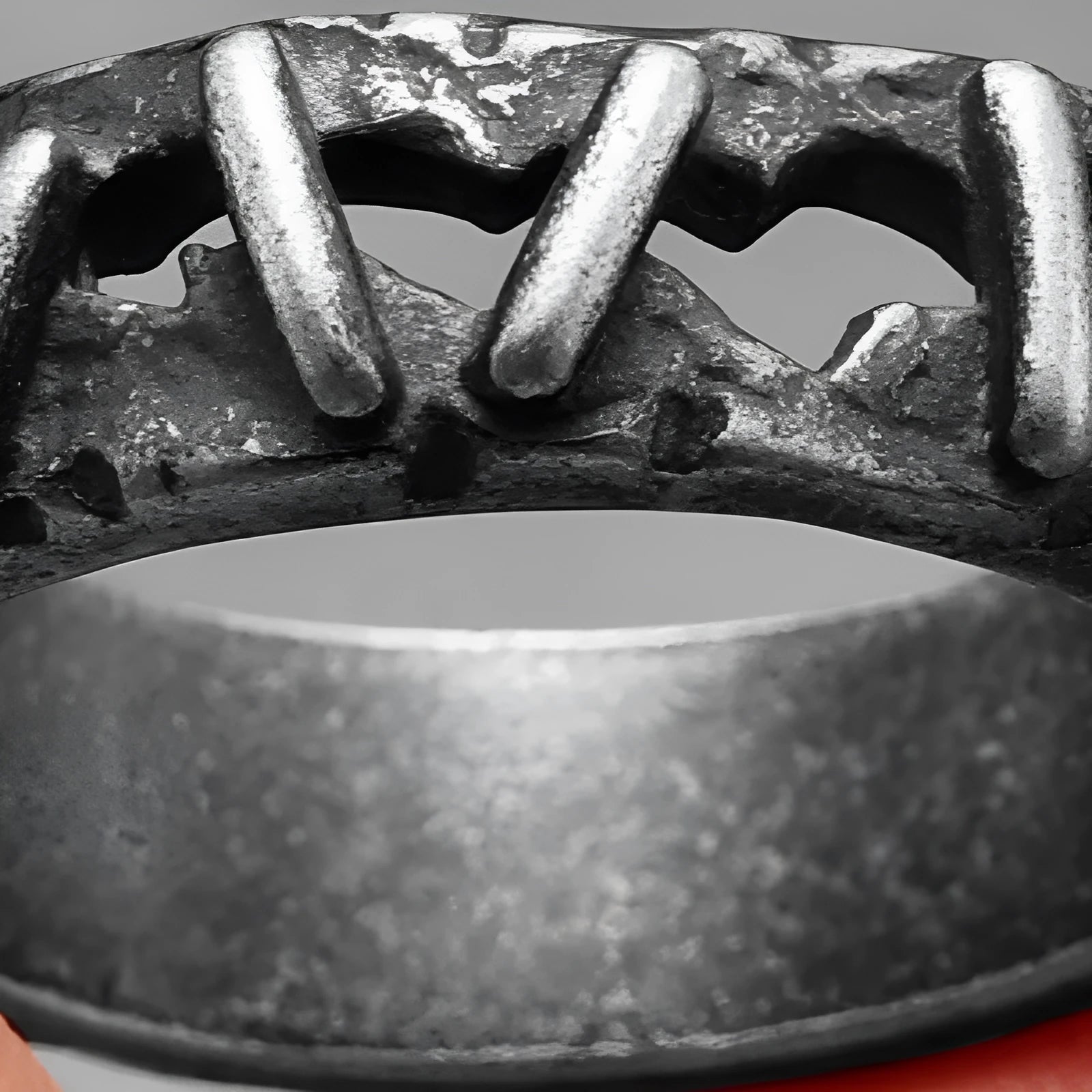 A stainless steel double ring with dark punk stitching details, shown in style 2 colour.