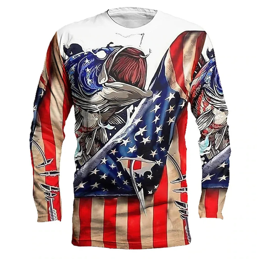 Men's long-sleeved pullover top with a fish pattern print in Milk Silk fabric.