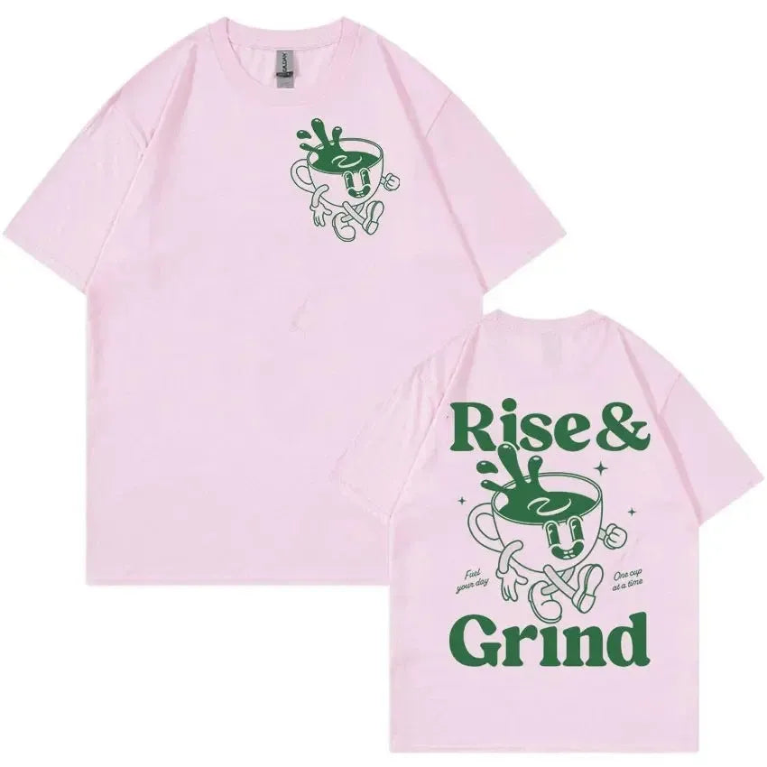 Men's loose fit light grey t-shirt with a green 'Rise and Grind' coffee cartoon print on the front.