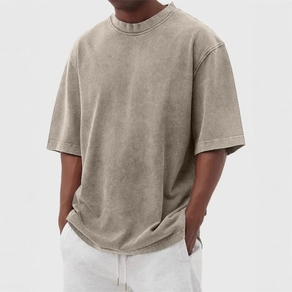 Men's stone washed distressed pullover t-shirt in loose fit with half sleeves available in eight colours