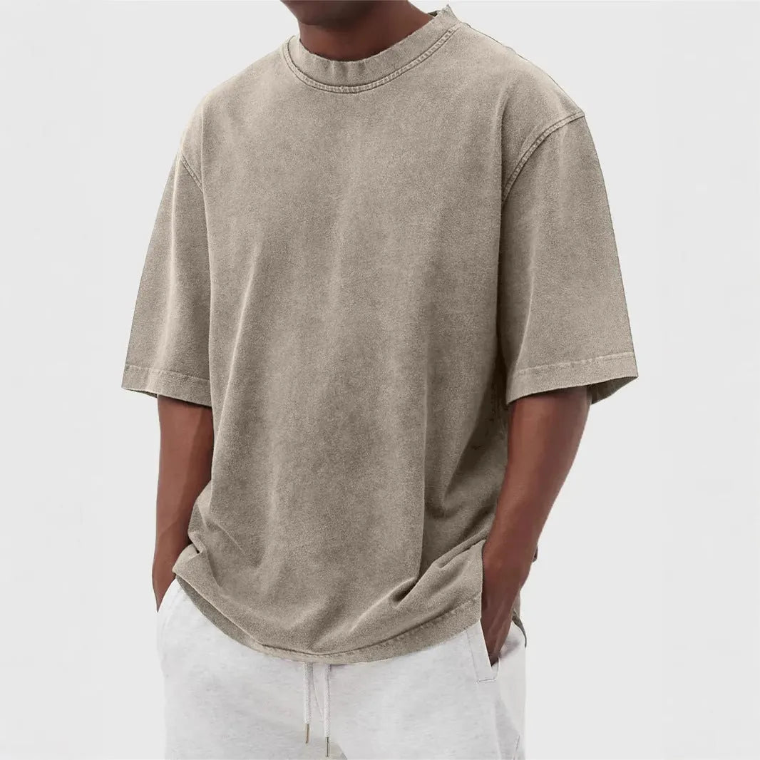 Men's stone washed distressed pullover t-shirt in loose fit with half sleeves available in eight colours