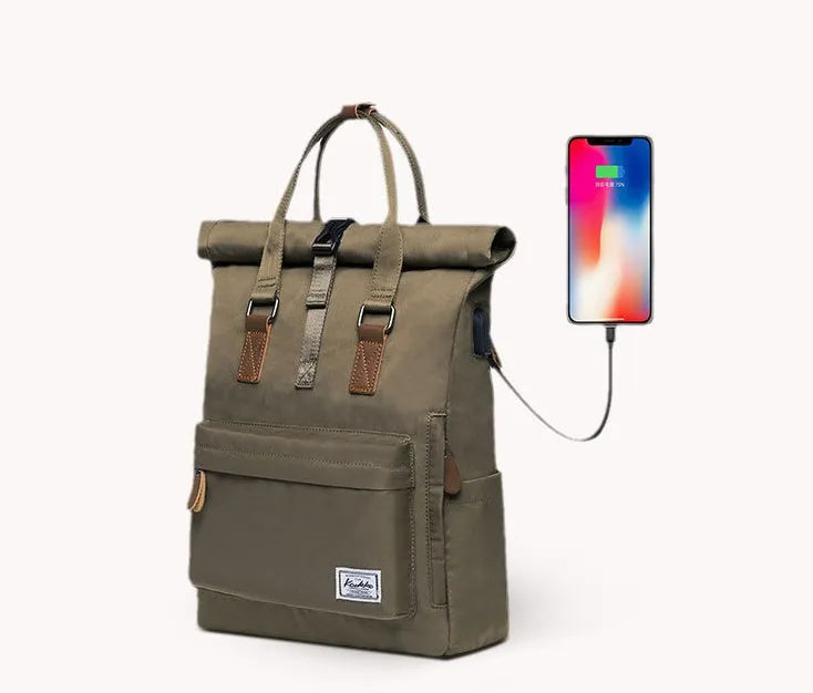 Men's casual black polyester backpack showing cover opening and internal laptop pocket.