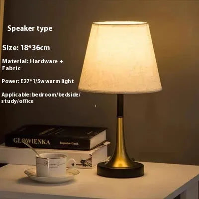 Brown retro alloy bedside lamp with dimmable LED lighting and speaker-style design