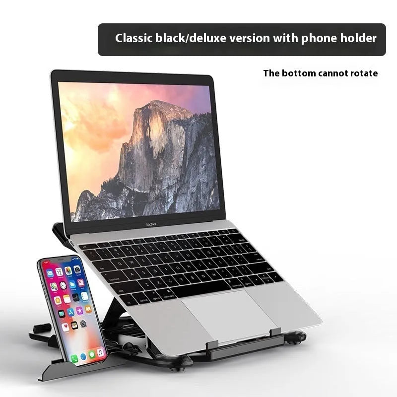 Black ABS plastic laptop bracket with phone holder measuring 300x200mm