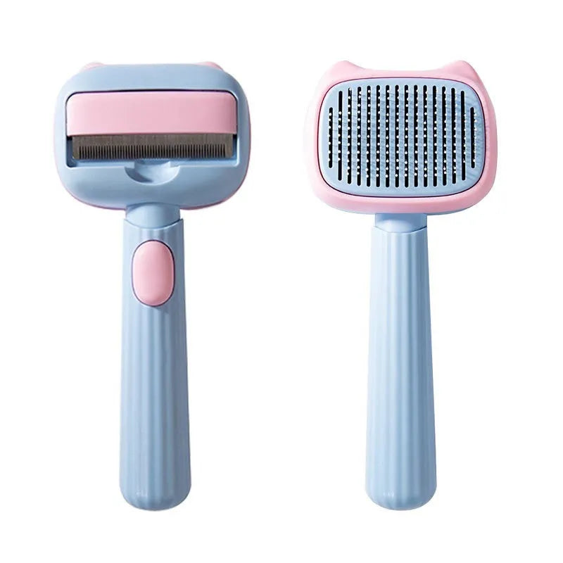 Blue and green double-sided pet grooming brush with deshedding rake and dematting comb for dogs and cats