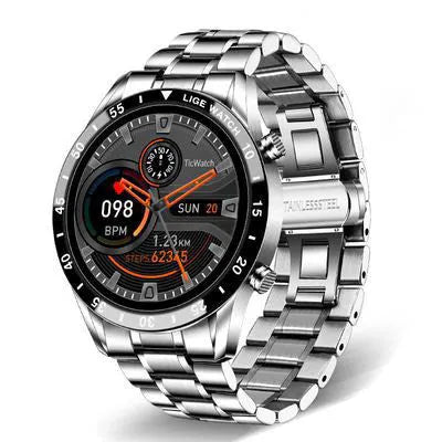 Smart watch with stainless steel band and 1.3-inch touch screen display