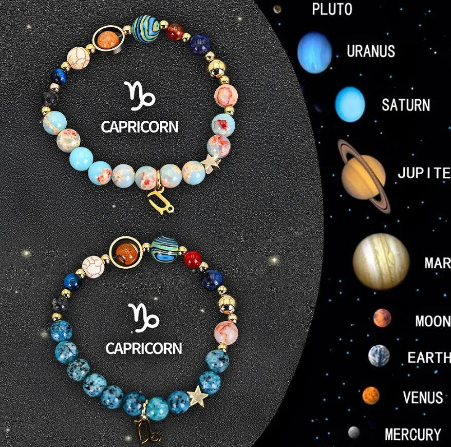 Set of two natural stone beaded bracelets for zodiac signs on a dark background.