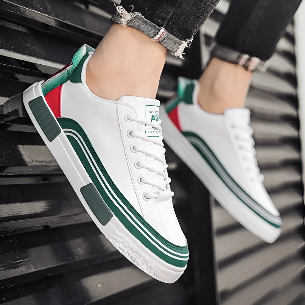 Men's beige white and green canvas mesh shoes with flat heel and round toe design