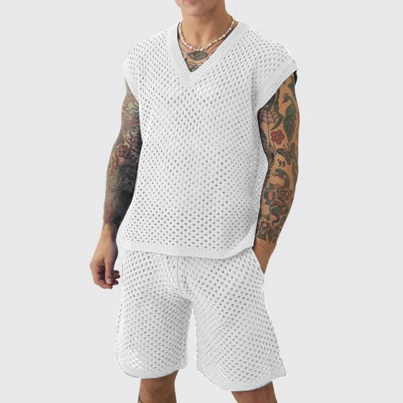 Men's blue cotton knitted sleeveless vest and matching shorts set for summer sports.