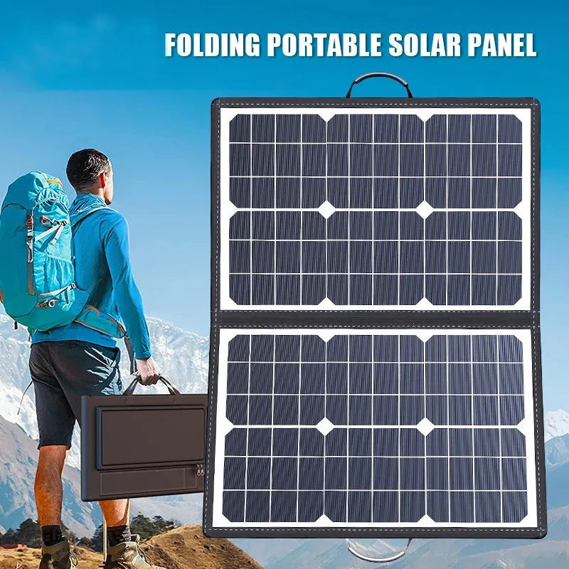 Black 40W solar folding bag showing folded configuration and single crystal solar cells