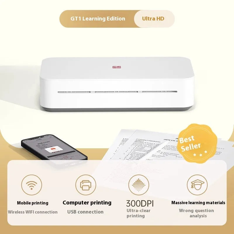 Small white plastic intelligent remote learning printer with a ribbon cartridge on a desk.