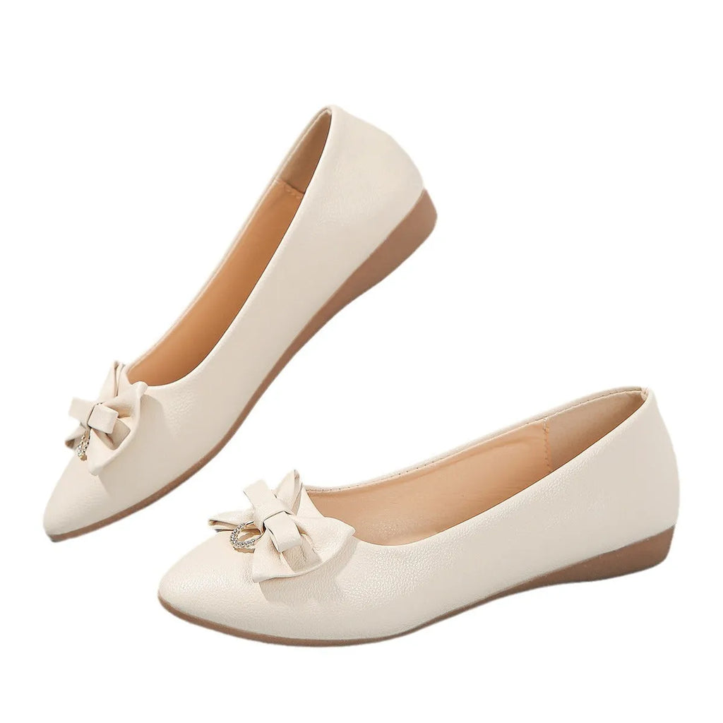 Women's beige flat casual shoes with a bowknot and shallow mouth design on a rubber sole