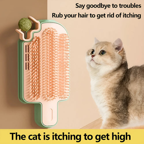 Blue and white ice cream cone shaped cat grooming toy with mint ball and feather attachments