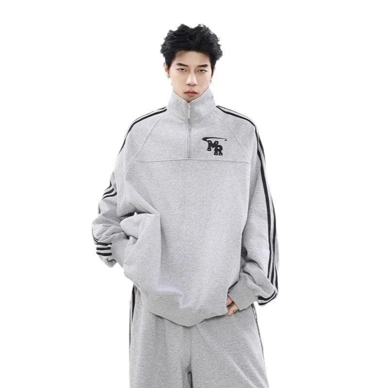 Black Hong Kong style men's hoodie coat with stand collar and long sleeves for casual sports wear