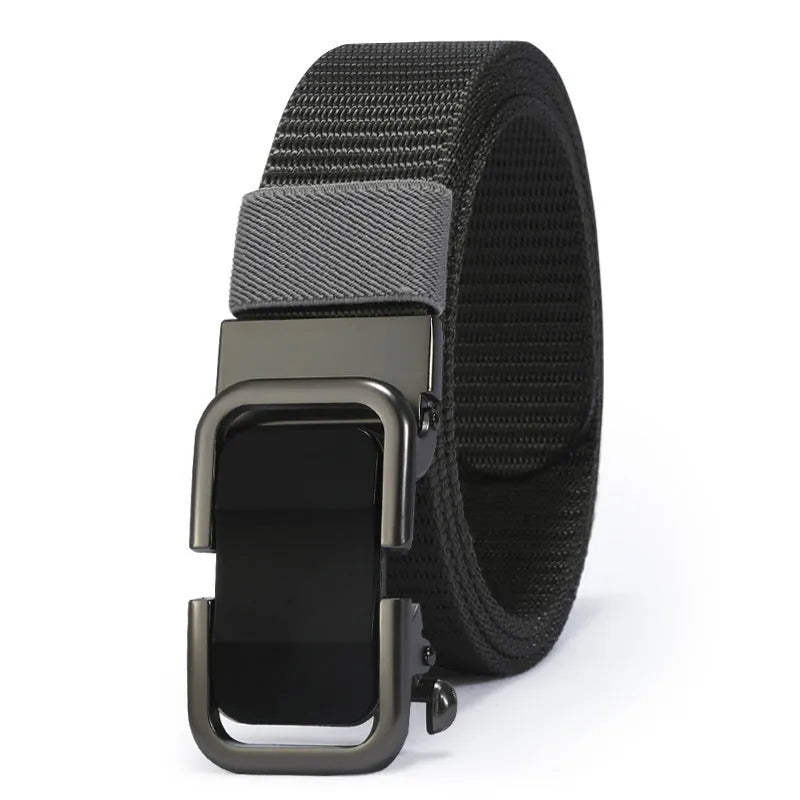 Men's nylon canvas belt with a silver toothless alloy buckle on a grey strap.