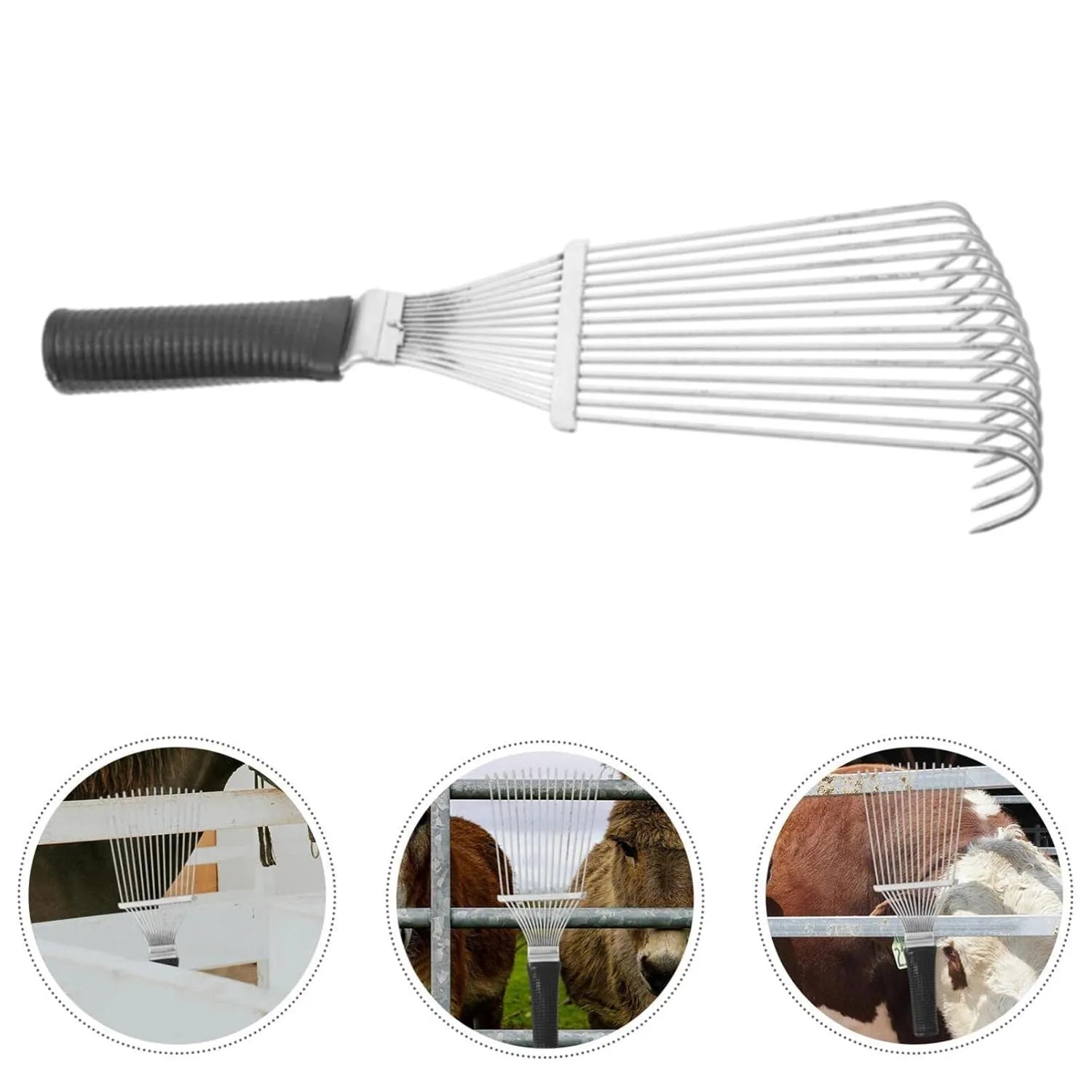Stainless steel pet grooming rake comb for horses and dogs, 33 cm long with curved teeth.