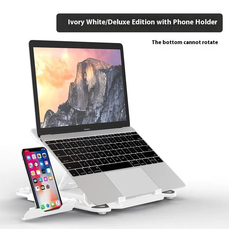 Black ABS plastic laptop bracket with phone holder measuring 300x200mm