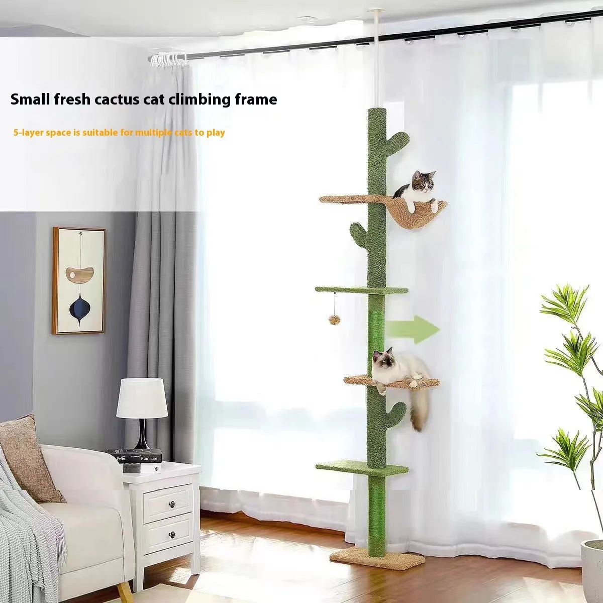 Solid wood cat climbing frame with integrated scratch board and cat nest measuring 240-260cm tall