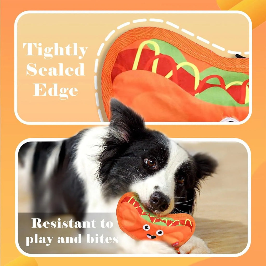 Set of four food-shaped dog toys: hamburger, fries, hot dog, and pizza, with vivid colours.