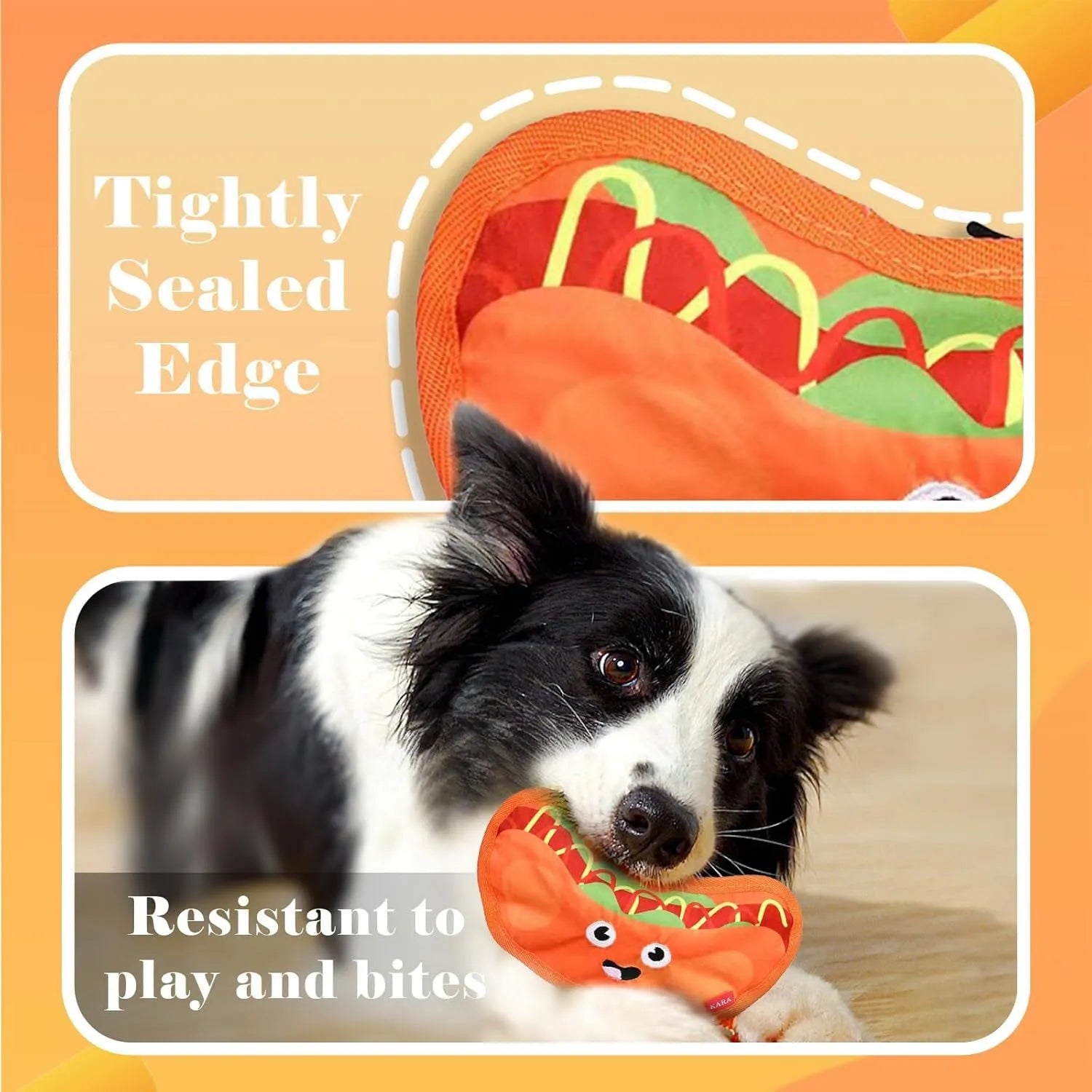 Set of four food-shaped dog toys: hamburger, fries, hot dog, and pizza, with vivid colours.