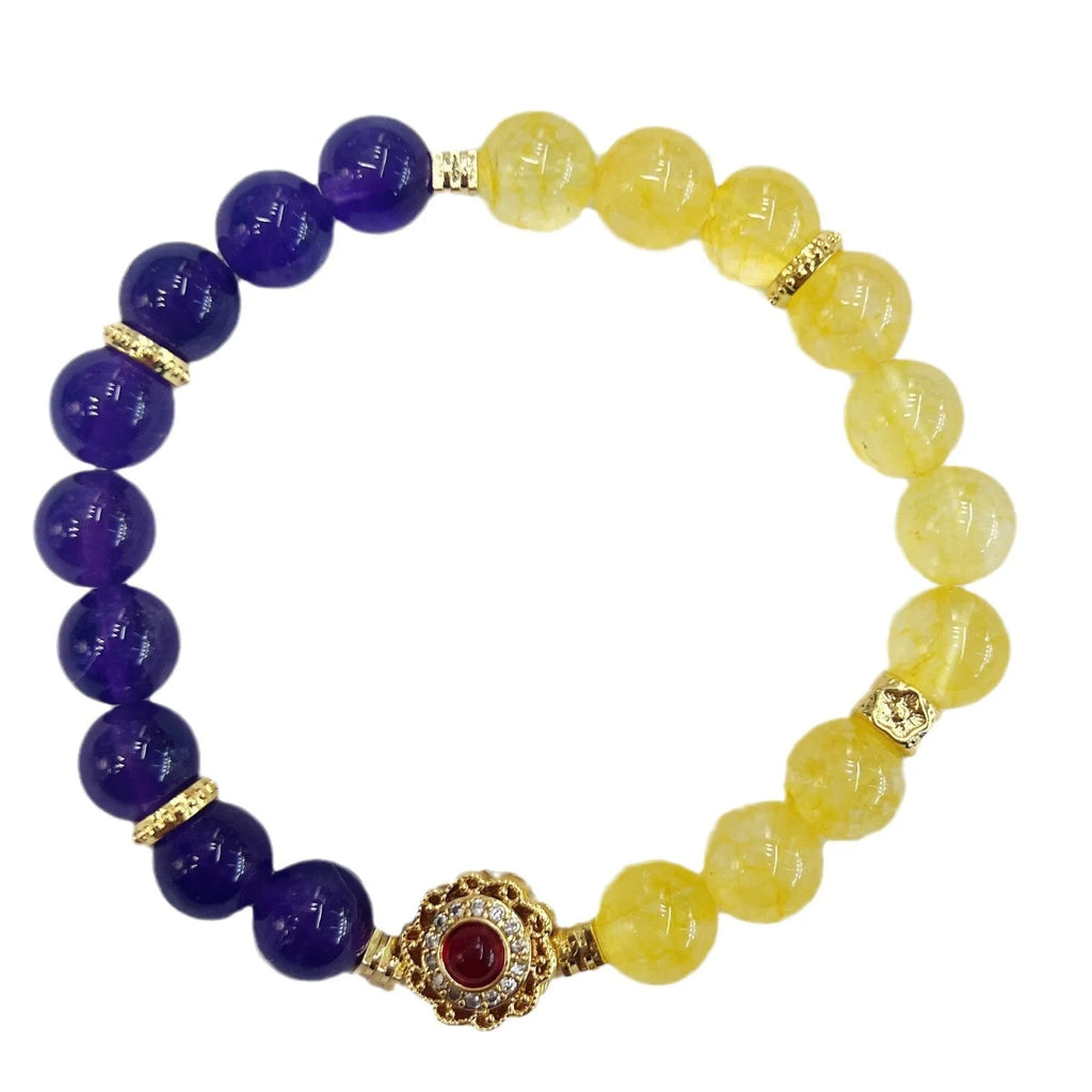Handmade women's crystal bracelet with yellow and purple amethyst stones