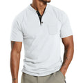 A man wearing a solid-colour plus size short sleeve button-up shirt with a chest pocket.