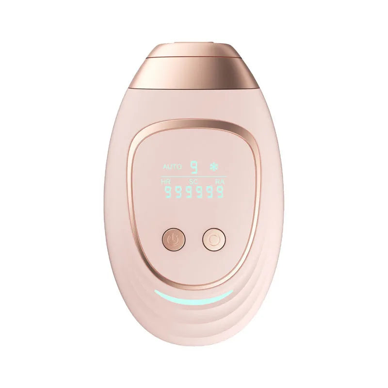 Pink and white three-in-one ice-sensing laser hair removal device with glasses and accessories