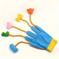Yellow and blue interactive cat toy with plush glove design and trailing attachments measuring 40cm long