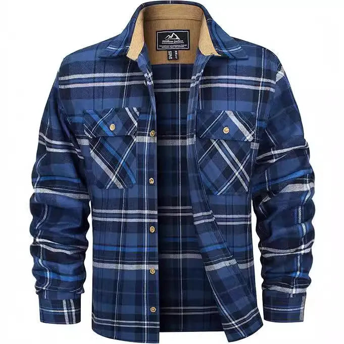 Men's plaid flannel casual button shirt in cardigan style for autumn and winter wear
