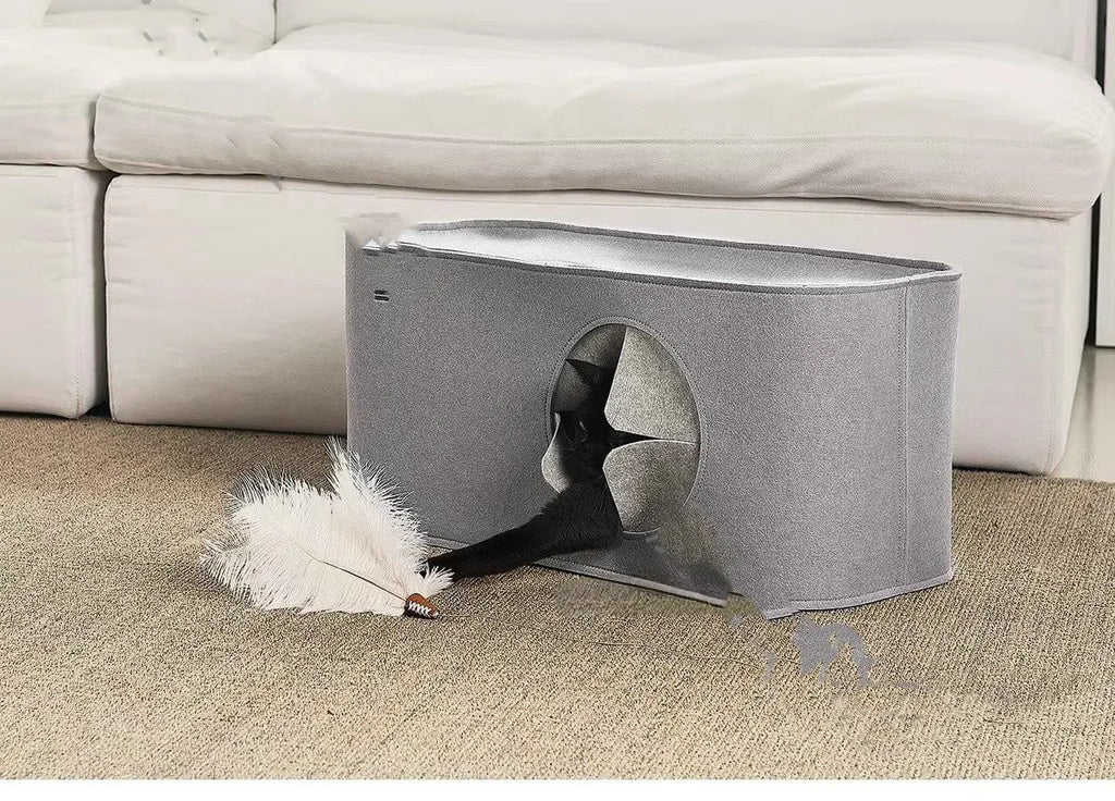 Grey foldable felt cat nest bed shown in its opened and folded positions
