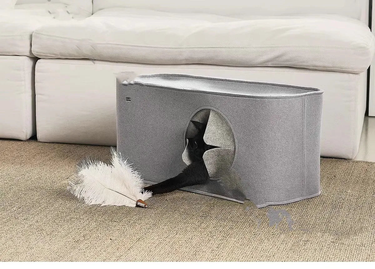 Grey foldable felt cat nest bed shown in its opened and folded positions