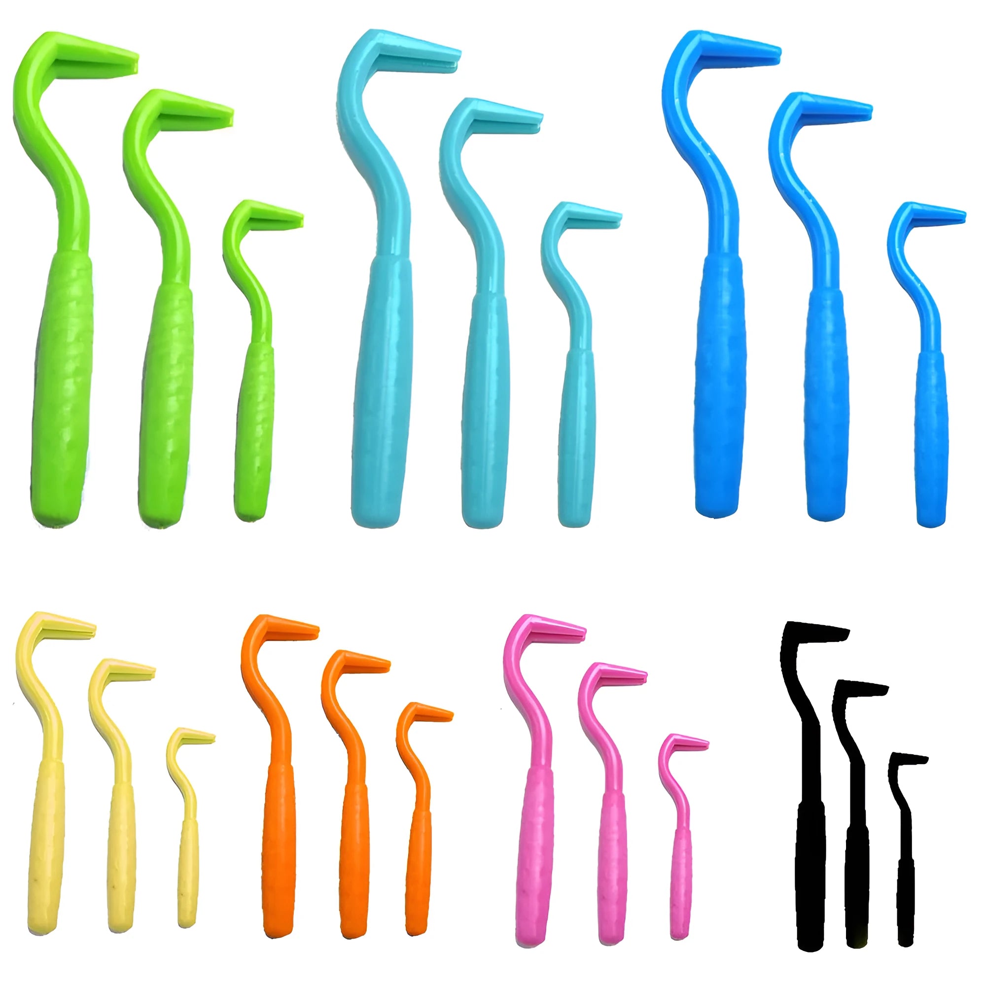 Set of three coloured plastic tick hook removers for dogs on a white background.
