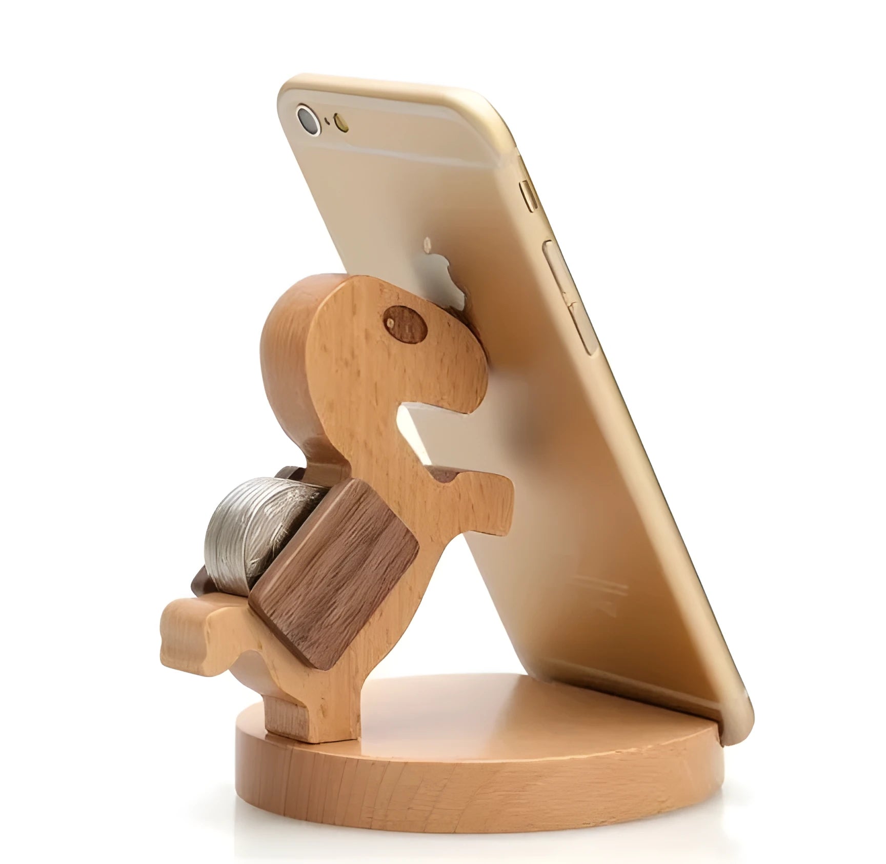 Solid beech wood mobile phone holder with detailed resin animal carving in choice of 22 animal styles