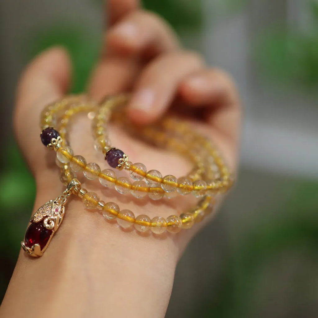Natural Brazilian quartz bracelet with gold three-circles ruby quartz charm on adjustable Chinese style band