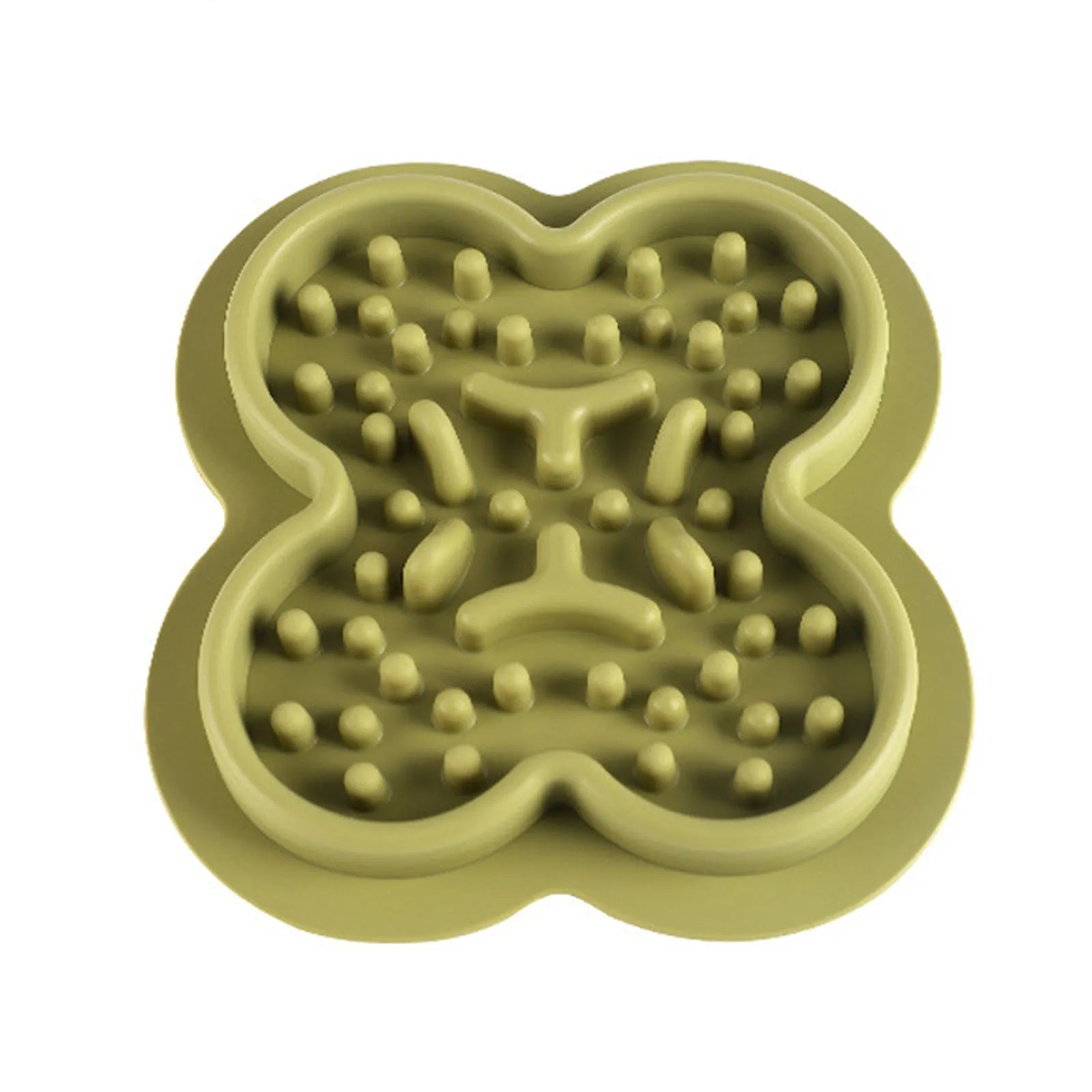 Silicone pet slow feeder licking mat in green colour with textured surface and non-slip base.