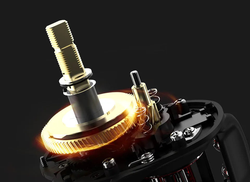 Drip wheel lure fishing reel with rocking wheel mechanism showing left and right-handed wheel orientation options