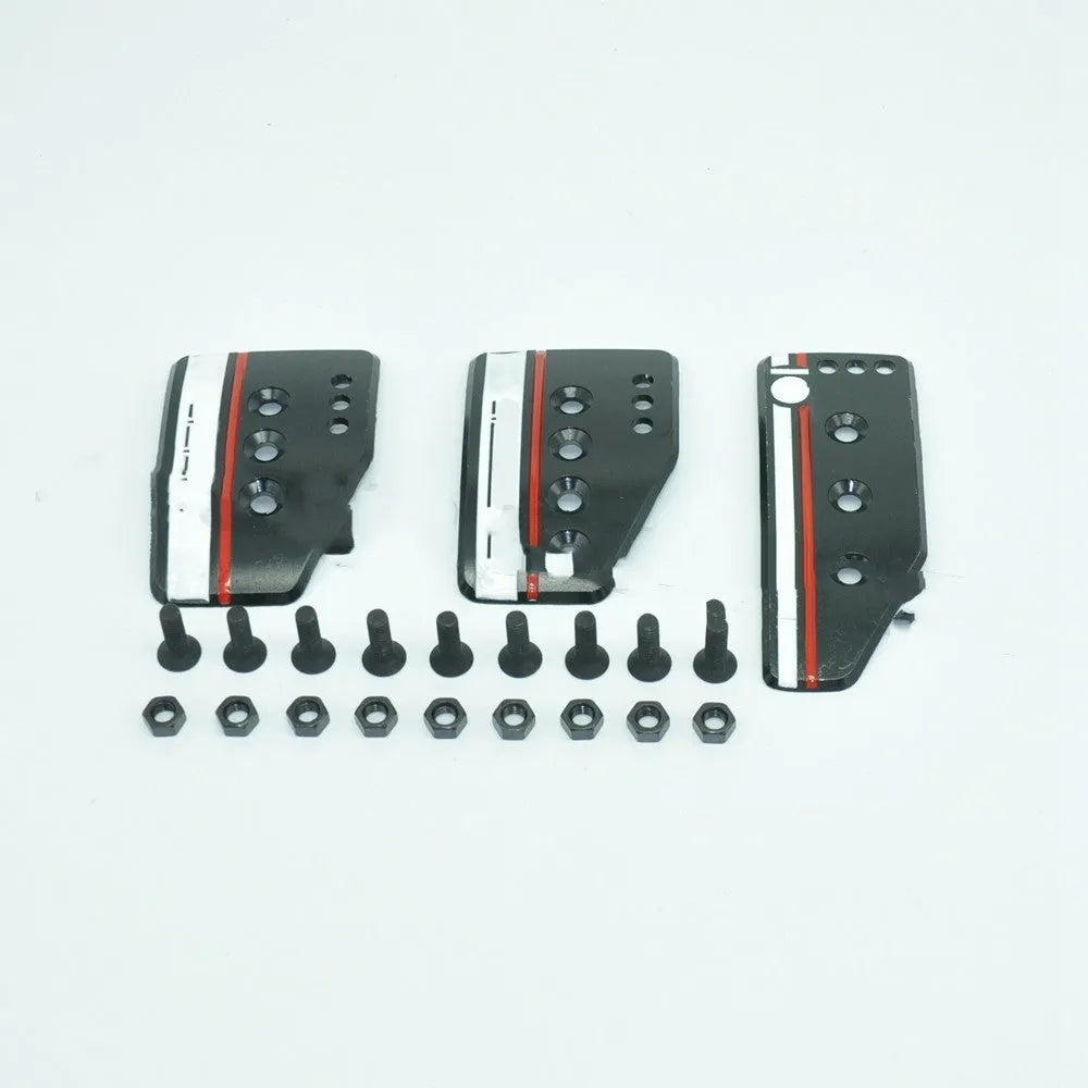 Aluminium alloy manual transmission car pedal set showing clutch, brake and accelerator in SPC grey finish with screws and nuts.