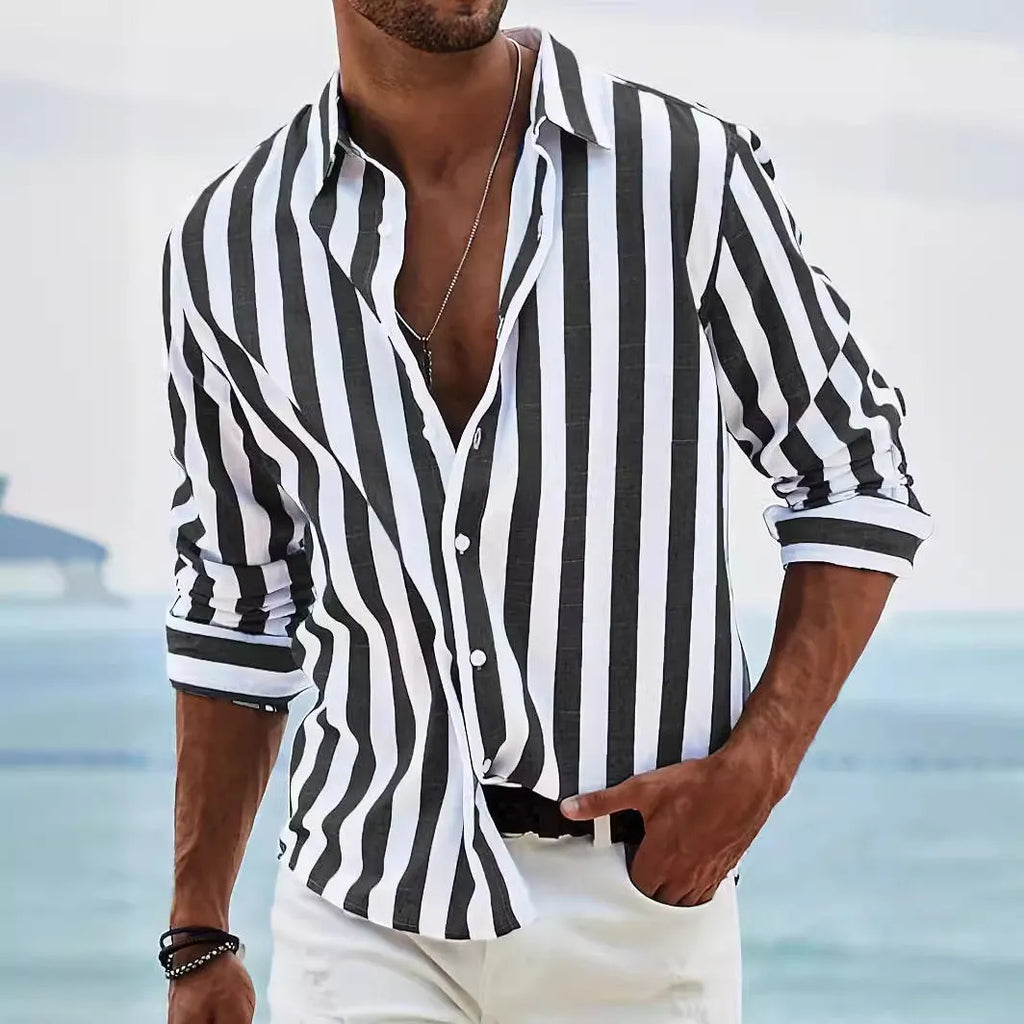 Men's yarn-dyed striped casual long sleeve shirt in British style loose cardigan fit