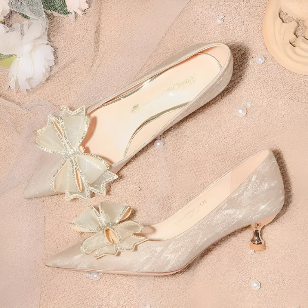 Champagne gold sequin stiletto high heel shoes with pointed toe for wedding banquets