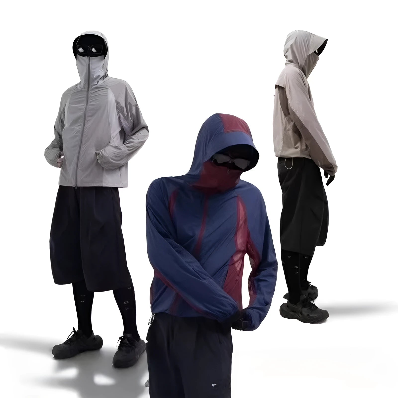 Mesh stitching sun protective nylon clothing in desert brown, red, blue, and light grey colours