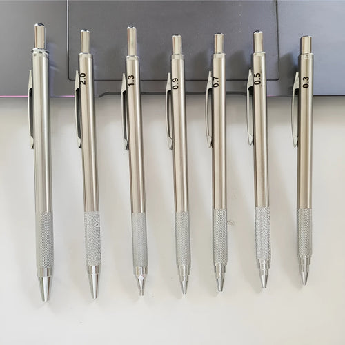 Metal automatic mechanical pencil shown with selectable lead size options including 0.5mm and 2.0mm.