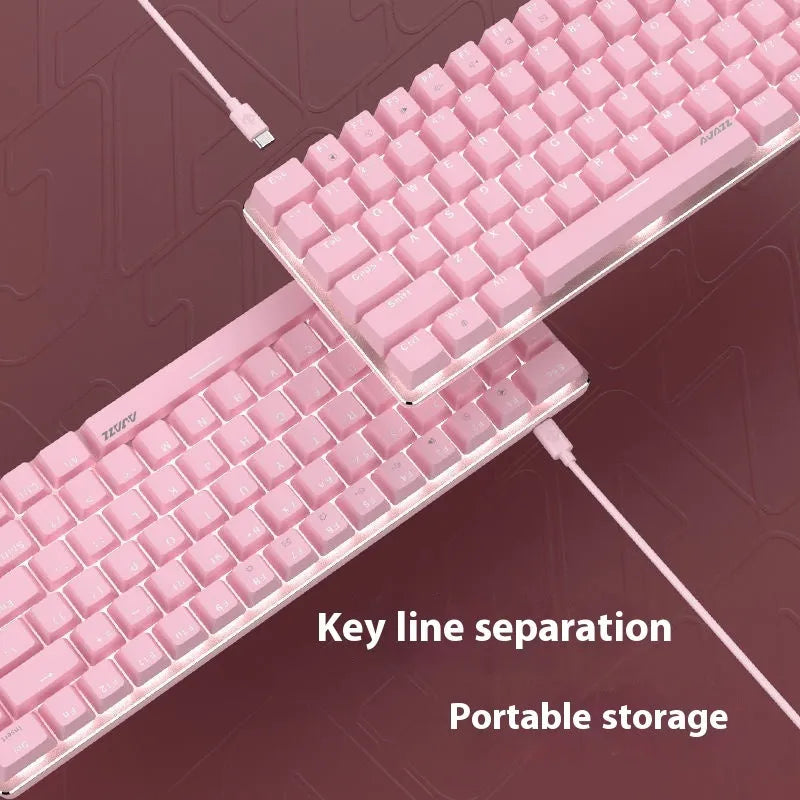 Pink mechanical keyboard with 82 keys and white backlight illumination on metal frame