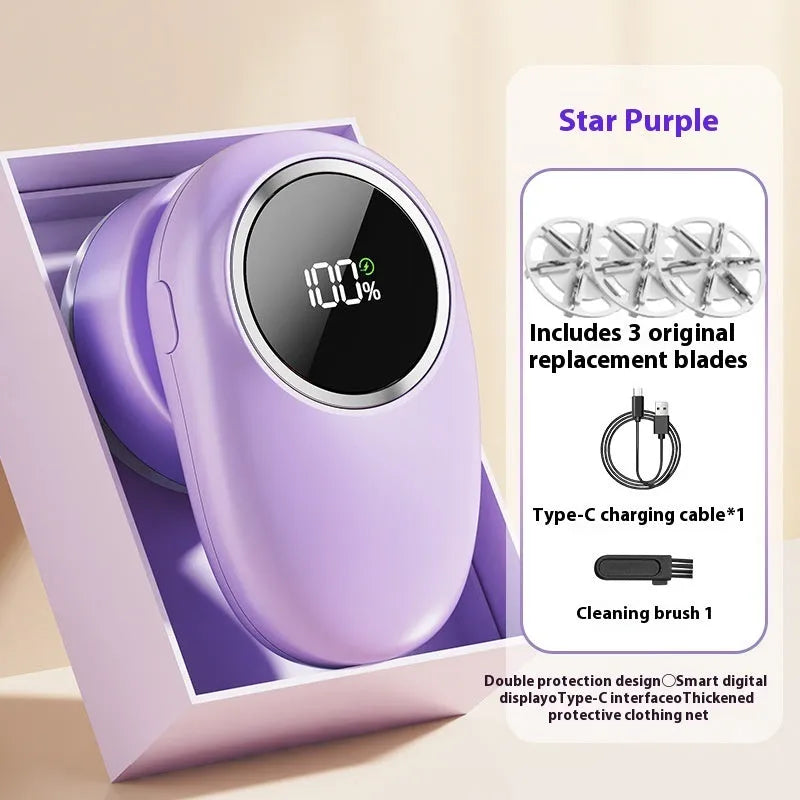 Beige and purple electric fur ball trimmer lint rollers with digital display and rotating cutter heads on a fabric surface.