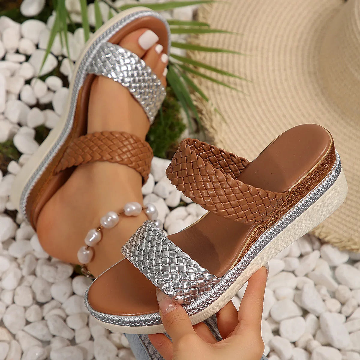Women's gold wedge sandals with adjustable back strap and rubber sole for plus size feet