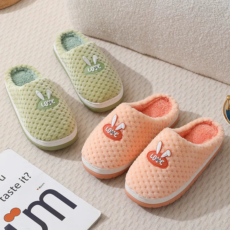 Women's rabbit plaid cotton house slippers with a thick rubber sole, shown in apricot colour.